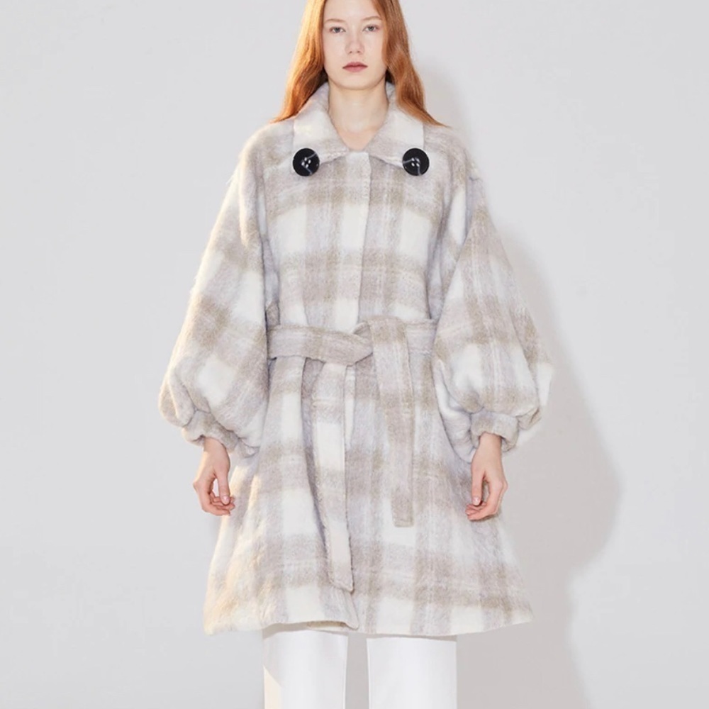 310Moon Bell Sleeve Wool Jacket Ivory Tan Plaid Small